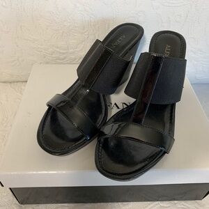 Brand New Alfani Women's Journey Black Wedge Sandals with a 3 Inch Heel Size 6M